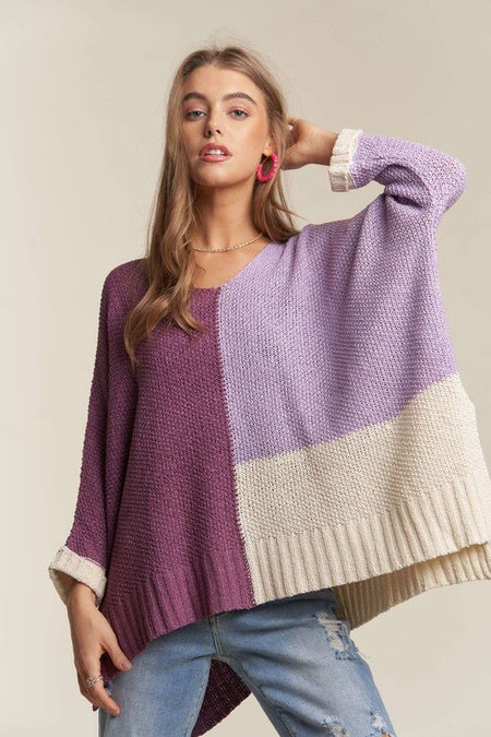 ADORA Side Slit Color Block Long Sleeve Sweater - S. M. & Co.