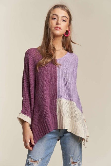 ADORA Side Slit Color Block Long Sleeve Sweater - S. M. & Co.