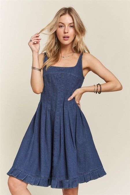 ADORA Smocked Back Square Neck Denim Dress - S. M. & Co.