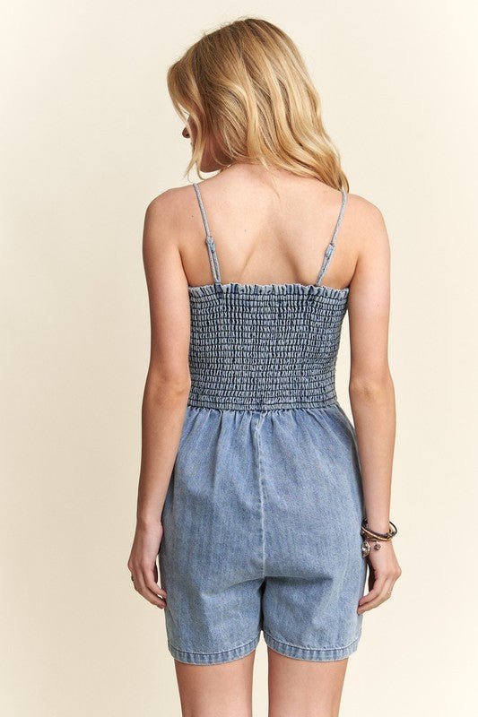 ADORA Smocked Spaghetti Strap Denim Romper - S. M. & Co.