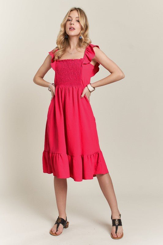 ADORA Smocked Square Neck Ruffled Cap Sleeve Dress - S. M. & Co.