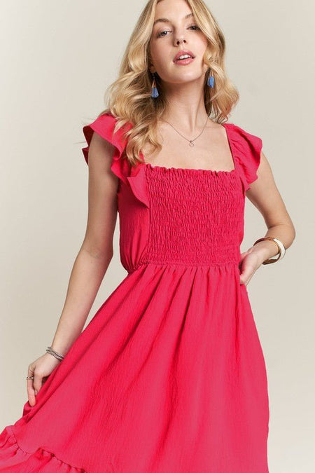 ADORA Smocked Square Neck Ruffled Cap Sleeve Dress - S. M. & Co.