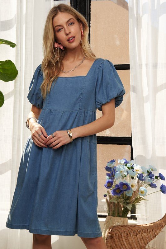 ADORA Square Neck Puff Sleeve Denim Dress - S. M. & Co.