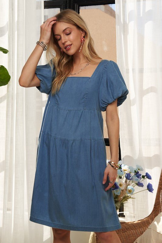 ADORA Square Neck Puff Sleeve Denim Dress - S. M. & Co.