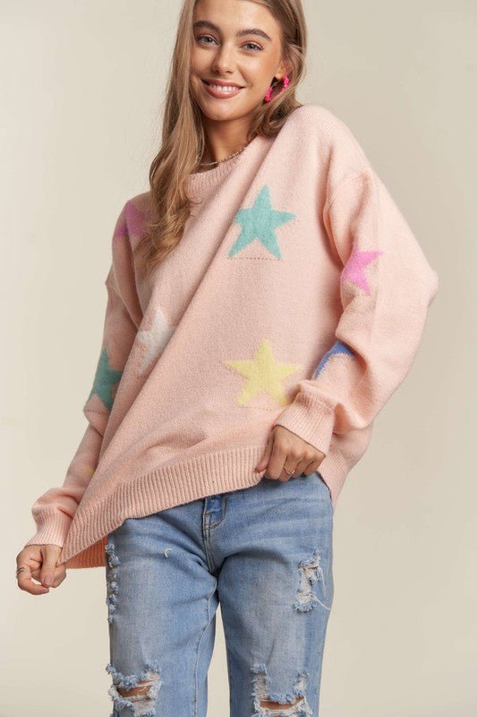 ADORA Stars Pattern Round Neck Drop Shoulder Sweater - S. M. & Co.