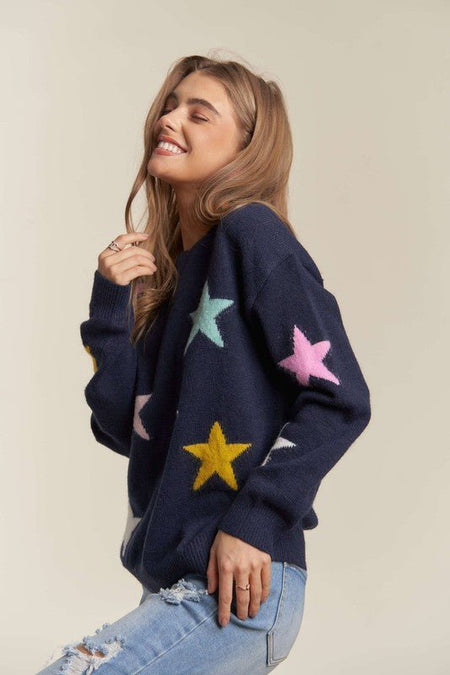 ADORA Stars Pattern Round Neck Drop Shoulder Sweater - S. M. & Co.