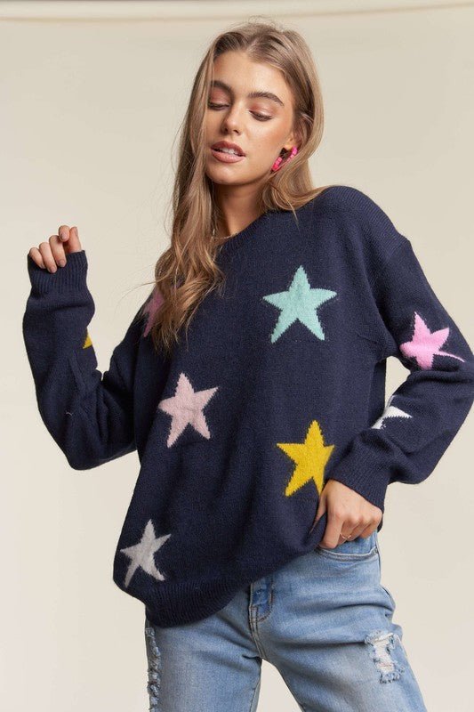 ADORA Stars Pattern Round Neck Drop Shoulder Sweater - S. M. & Co.