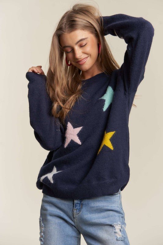 ADORA Stars Pattern Round Neck Drop Shoulder Sweater - S. M. & Co.