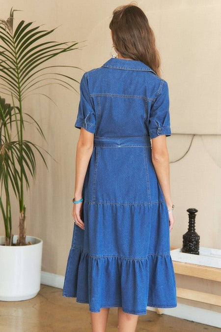 ADORA Tiered Button Down Tie Waist Short Sleeve Denim Dress - S. M. & Co.