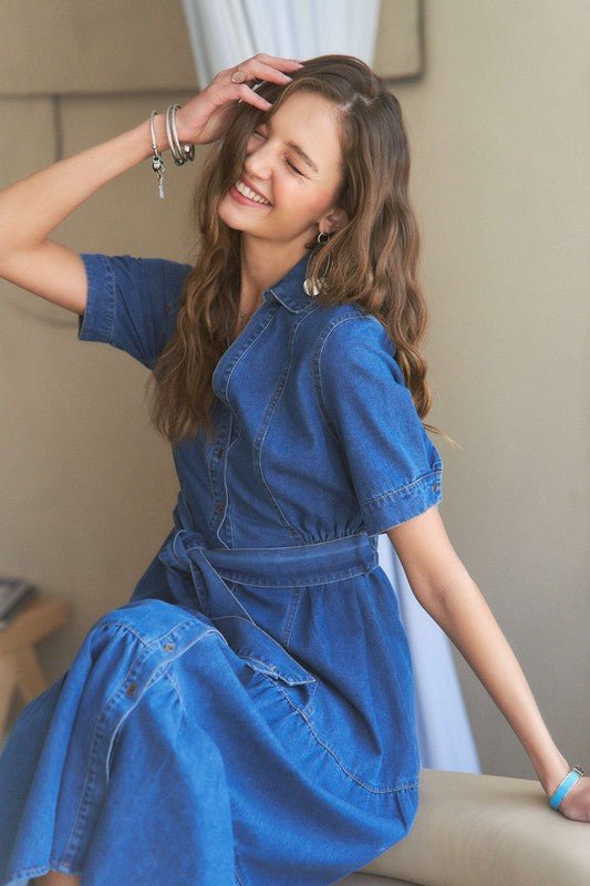 ADORA Tiered Button Down Tie Waist Short Sleeve Denim Dress - S. M. & Co.