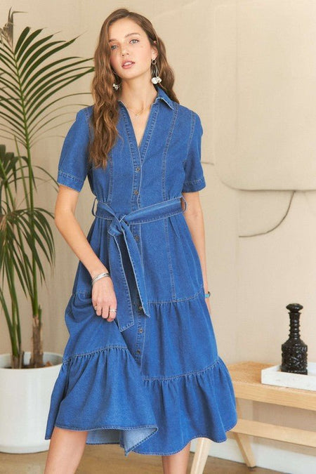 ADORA Tiered Button Down Tie Waist Short Sleeve Denim Dress - S. M. & Co.