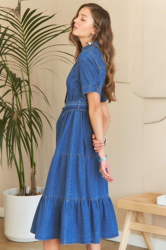 ADORA Tiered Button Down Tie Waist Short Sleeve Denim Dress - S. M. & Co.