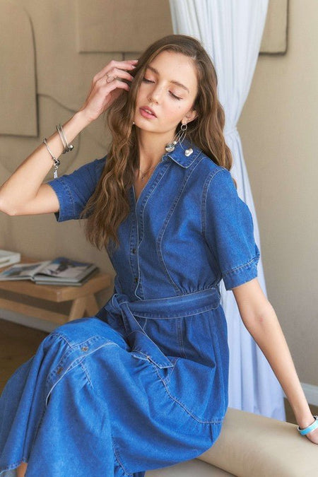 ADORA Tiered Button Down Tie Waist Short Sleeve Denim Dress - S. M. & Co.