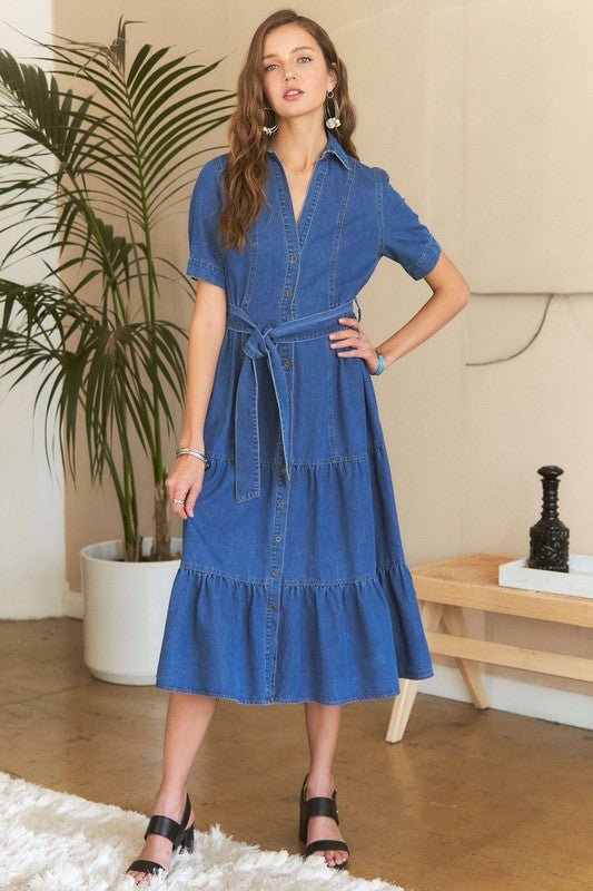 ADORA Tiered Button Down Tie Waist Short Sleeve Denim Dress - S. M. & Co.