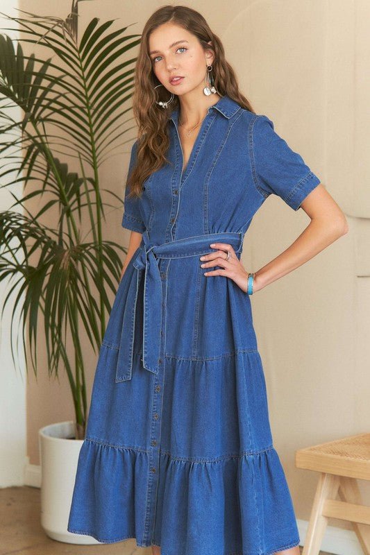 ADORA Tiered Button Down Tie Waist Short Sleeve Denim Dress - S. M. & Co.