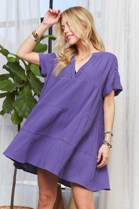 ADORA Tiered Notched Short Sleeve Dress - S. M. & Co.