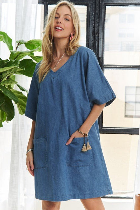 ADORA V - Neck Half Sleeve Mini Denim Dress - S. M. & Co.