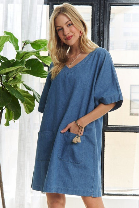 ADORA V - Neck Half Sleeve Mini Denim Dress - S. M. & Co.