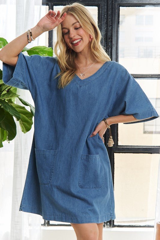 ADORA V - Neck Half Sleeve Mini Denim Dress - S. M. & Co.