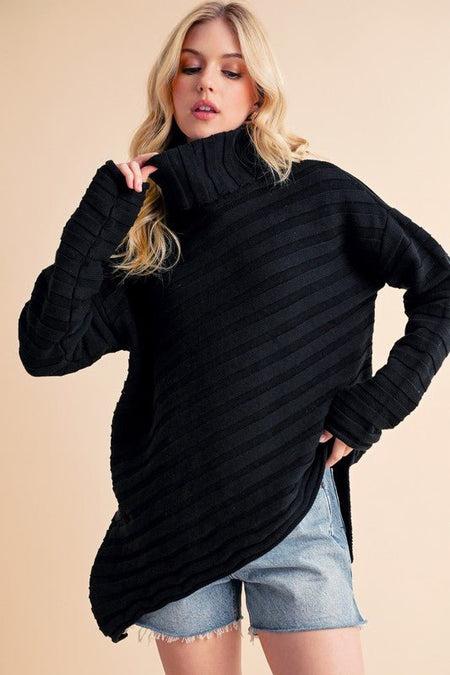 Aemi + Co Asymmetrical Side Slit Turtleneck Sweater - S. M. & Co.