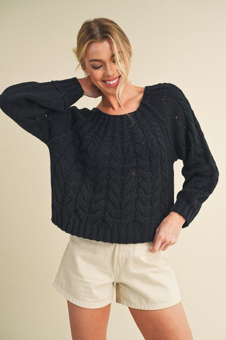 Aemi + Co Cable - Knit Openwork Round Neck Sweater - S. M. & Co.