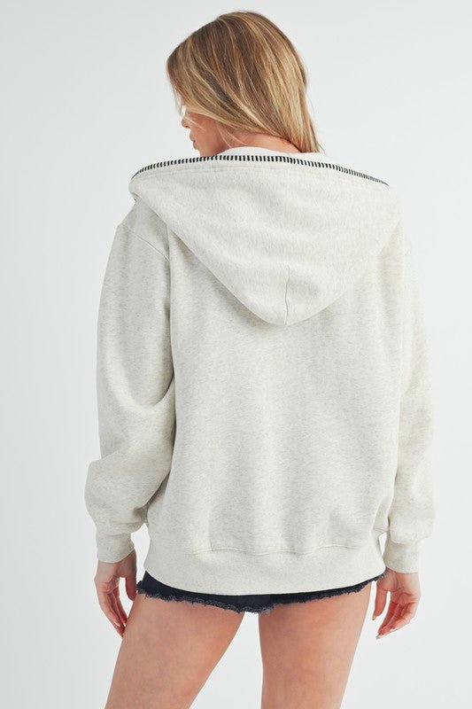 Aemi + Co Contrast Trim Zip Up Hoodie Jacket - S. M. & Co.