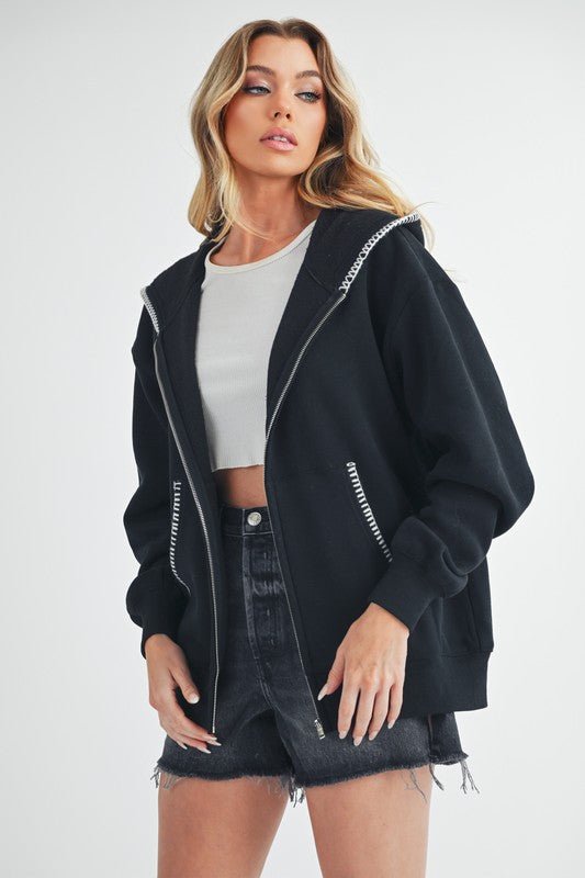 Aemi + Co Contrast Trim Zip Up Hoodie Jacket - S. M. & Co.