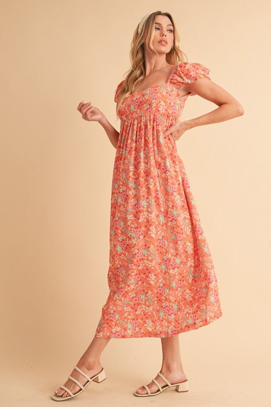 Aemi + Co Cutout Back Floral Square Neck Puff Sleeve Midi Dress - S. M. & Co.