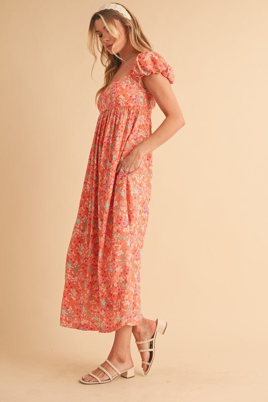 Aemi + Co Cutout Back Floral Square Neck Puff Sleeve Midi Dress - S. M. & Co.