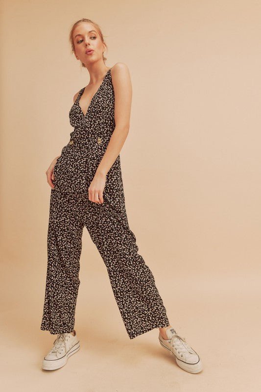 Aemi + Co Ditsy Floral Surplice Sleeveless Wide Leg Jumpsuit - S. M. & Co.