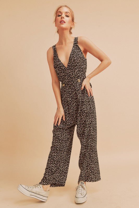 Aemi + Co Ditsy Floral Surplice Sleeveless Wide Leg Jumpsuit - S. M. & Co.