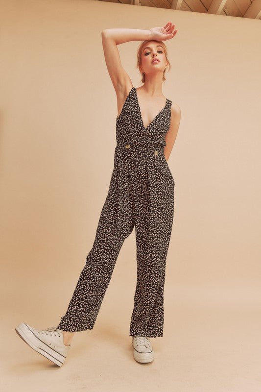 Aemi + Co Ditsy Floral Surplice Sleeveless Wide Leg Jumpsuit - S. M. & Co.