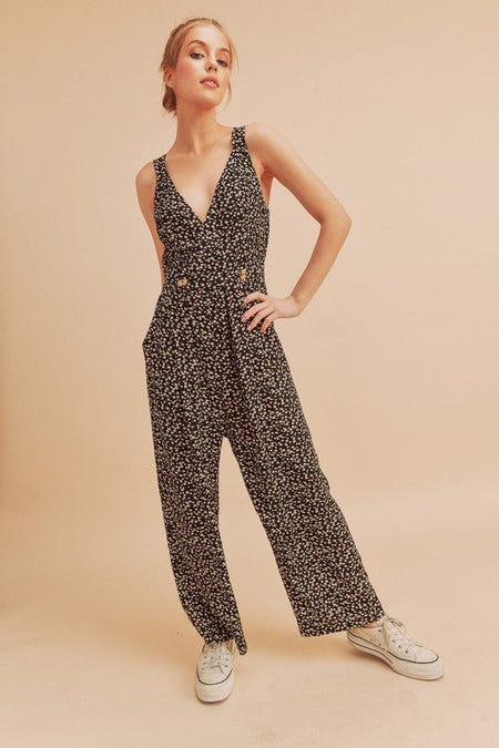 Aemi + Co Ditsy Floral Surplice Sleeveless Wide Leg Jumpsuit - S. M. & Co.