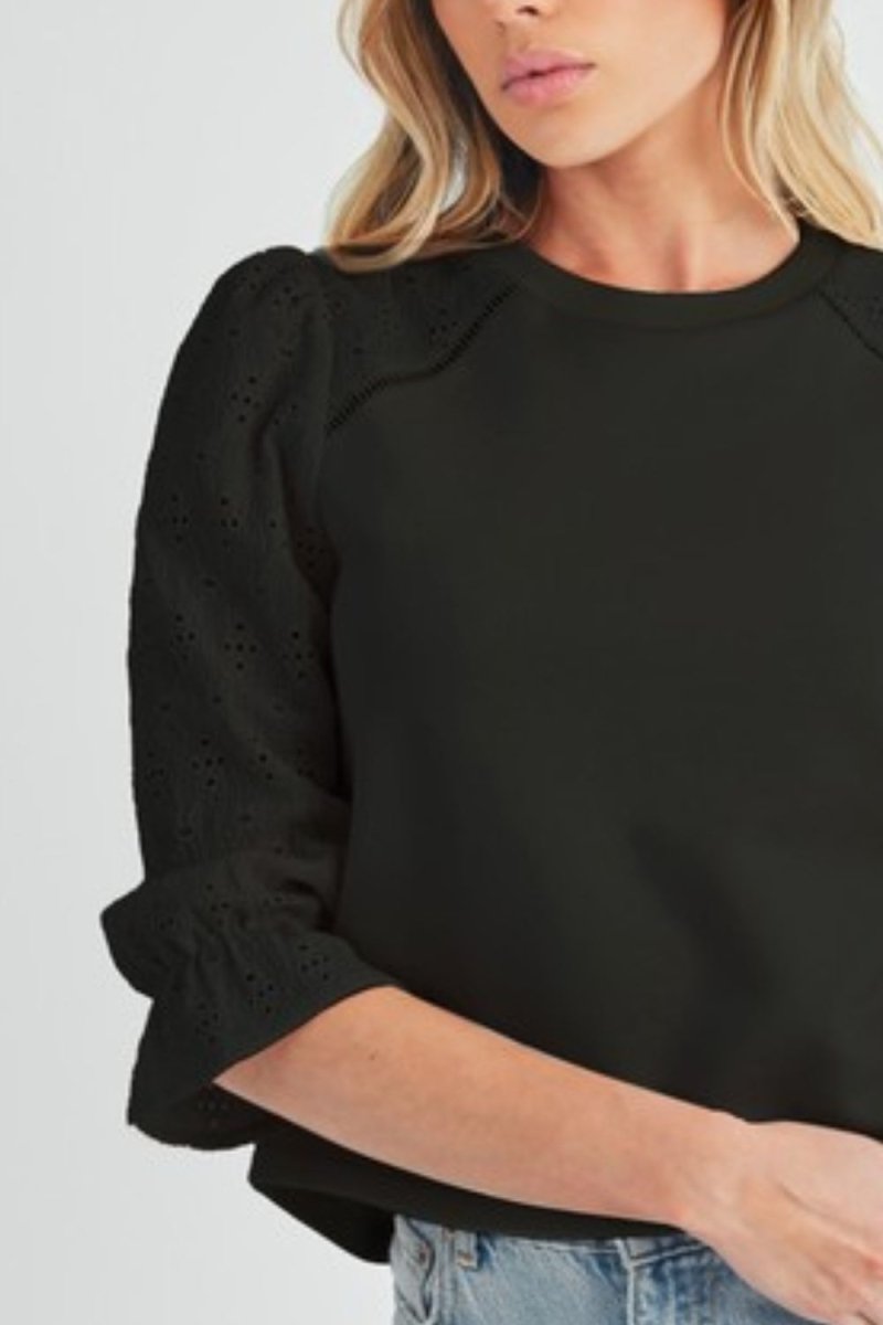 Aemi + Co Embroidered Eyelet Round Neck 3/4 Sleeve Blouse - S. M. & Co.