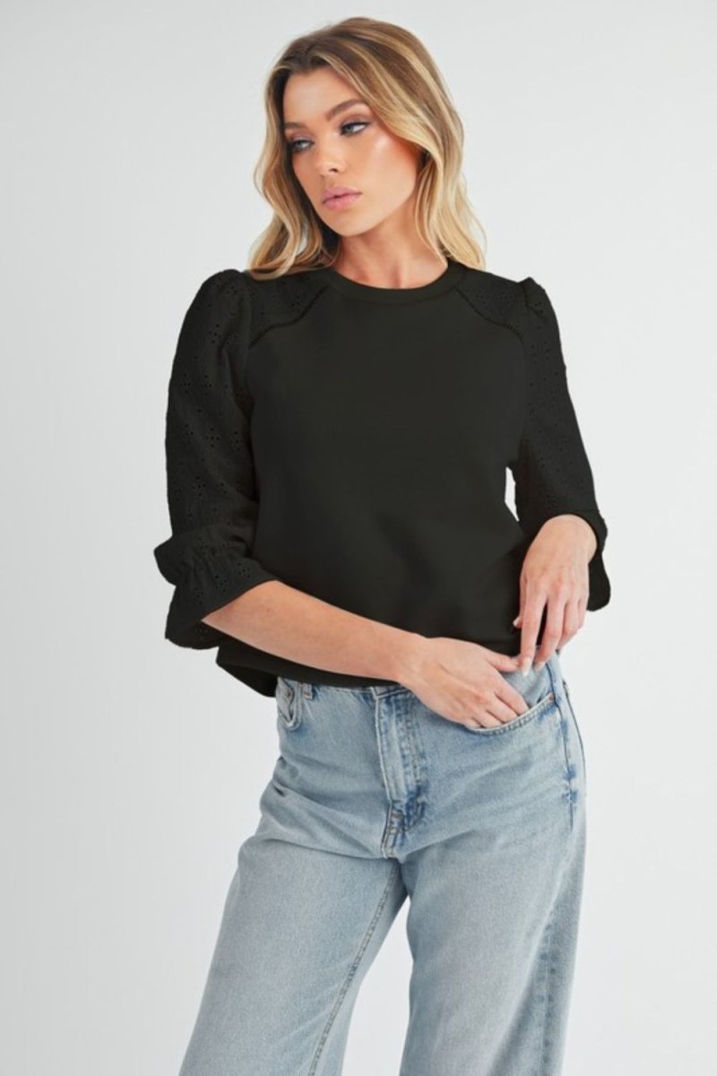 Aemi + Co Embroidered Eyelet Round Neck 3/4 Sleeve Blouse - S. M. & Co.