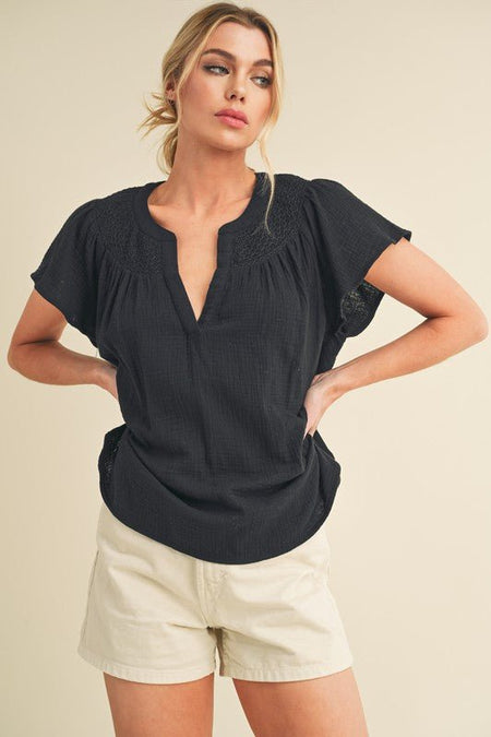 Aemi + Co Embroidered Trim Side Slit Notched Short Sleeve Blouse - S. M. & Co.