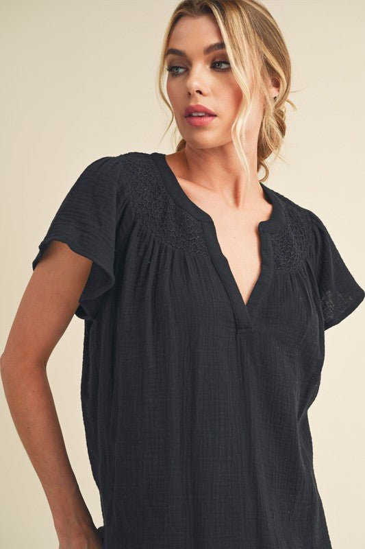 Aemi + Co Embroidered Trim Side Slit Notched Short Sleeve Blouse - S. M. & Co.