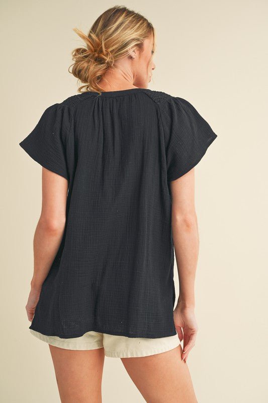 Aemi + Co Embroidered Trim Side Slit Notched Short Sleeve Blouse - S. M. & Co.