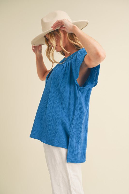 Aemi + Co Embroidered Trim Side Slit Notched Short Sleeve Blouse - S. M. & Co.