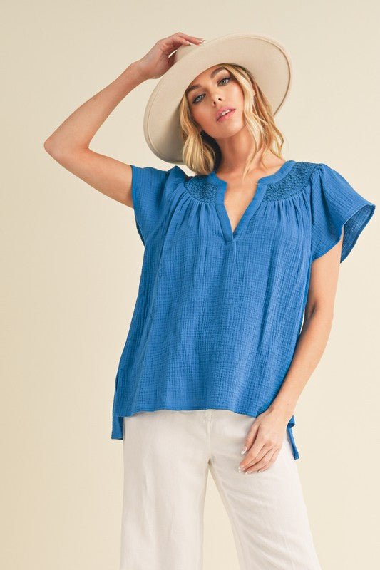 Aemi + Co Embroidered Trim Side Slit Notched Short Sleeve Blouse - S. M. & Co.