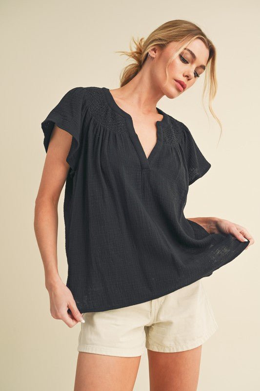 Aemi + Co Embroidered Trim Side Slit Notched Short Sleeve Blouse - S. M. & Co.