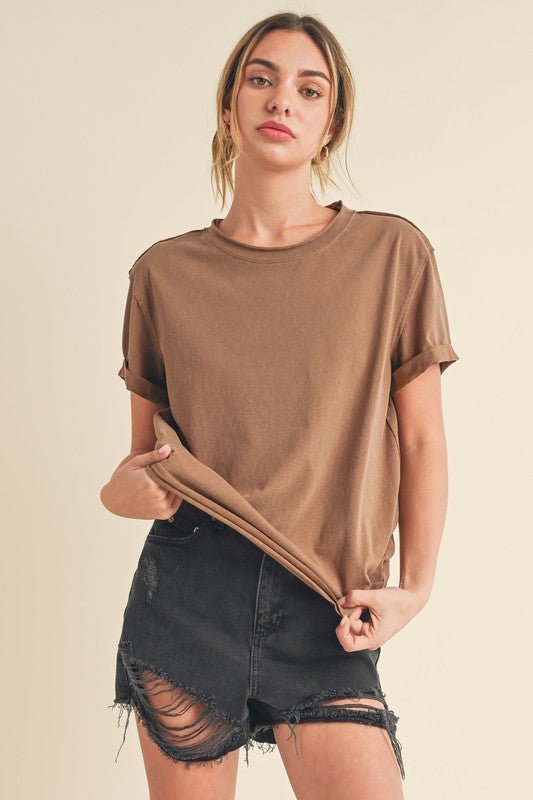 Aemi + Co Exposed Seam Round Neck Short Sleeve T-Shirt - S. M. & Co.