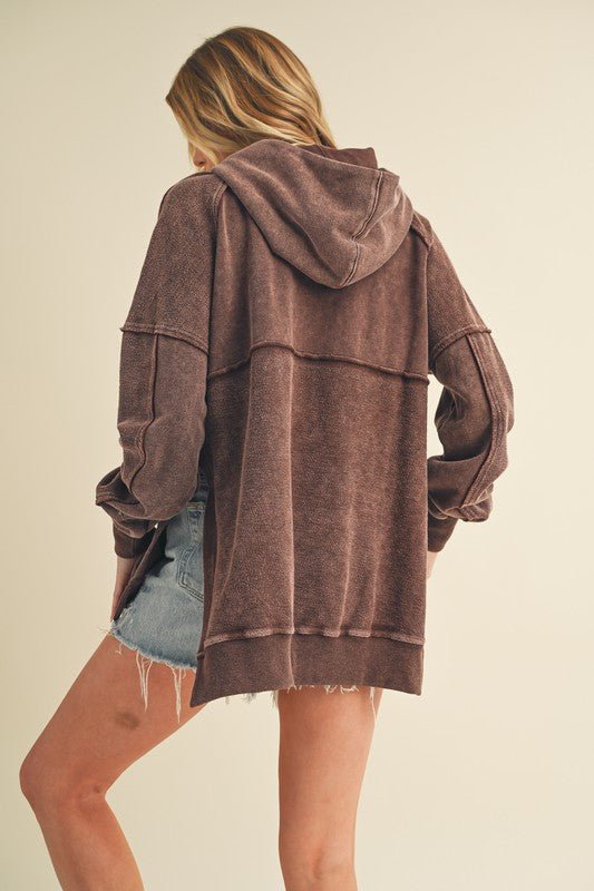 Aemi + Co Exposed Seam Side Slit Hoodie with Kangaroo Pocket - S. M. & Co.