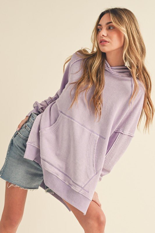 Aemi + Co Exposed Seam Side Slit Hoodie with Kangaroo Pocket - S. M. & Co.