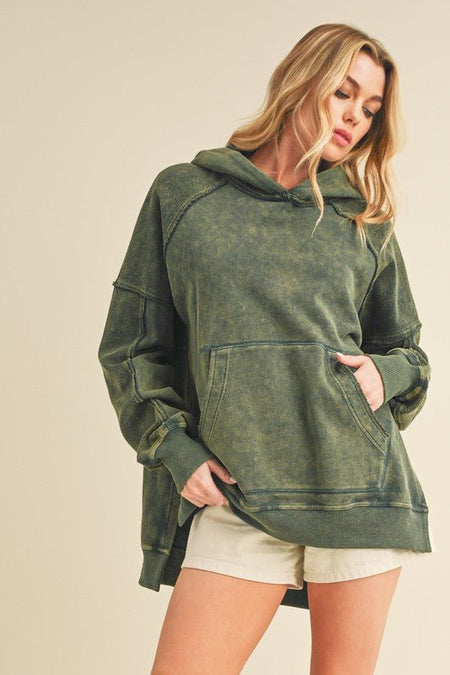 Aemi + Co Exposed Seam Side Slit Hoodie with Kangaroo Pocket - S. M. & Co.