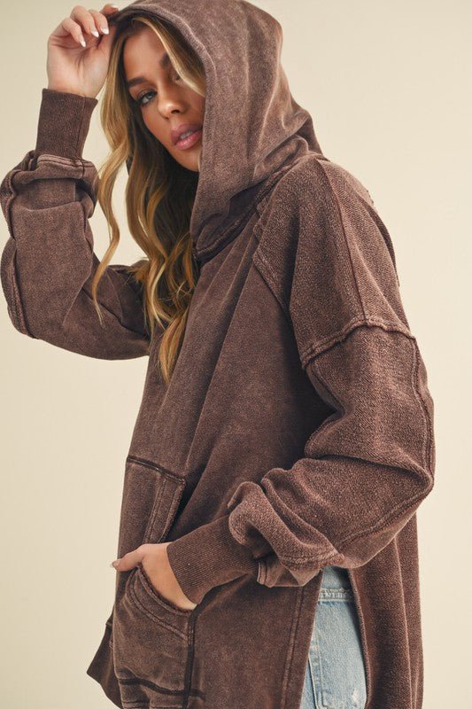 Aemi + Co Exposed Seam Side Slit Hoodie with Kangaroo Pocket - S. M. & Co.