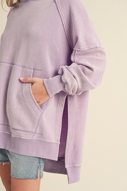 Aemi + Co Exposed Seam Side Slit Hoodie with Kangaroo Pocket - S. M. & Co.