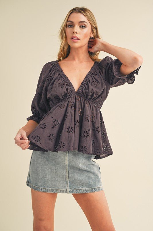 Aemi + Co Eyelet Embroidered V - Neck Half Sleeve Peplum Blouse - S. M. & Co.