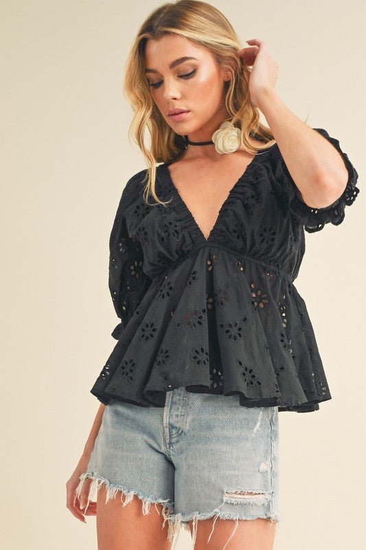 Aemi + Co Eyelet Embroidered V - Neck Half Sleeve Peplum Blouse - S. M. & Co.