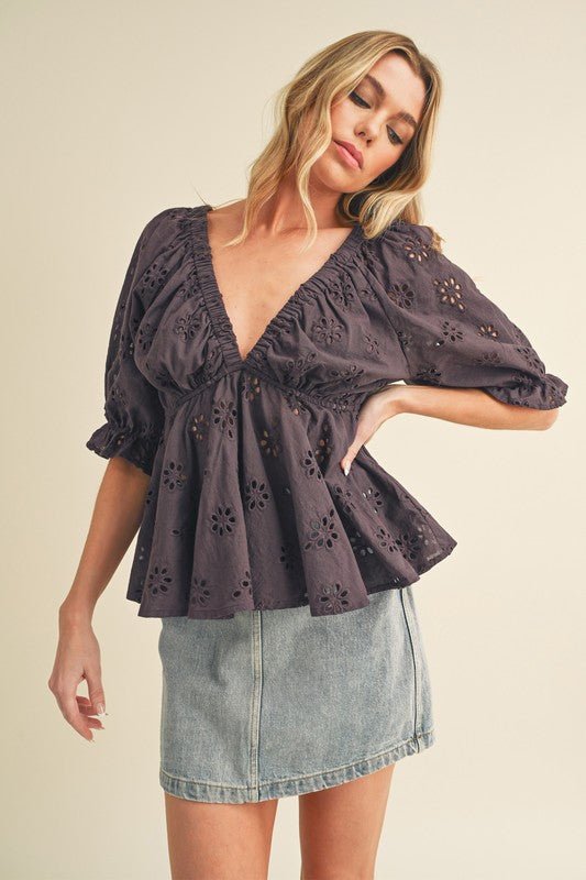 Aemi + Co Eyelet Embroidered V - Neck Half Sleeve Peplum Blouse - S. M. & Co.